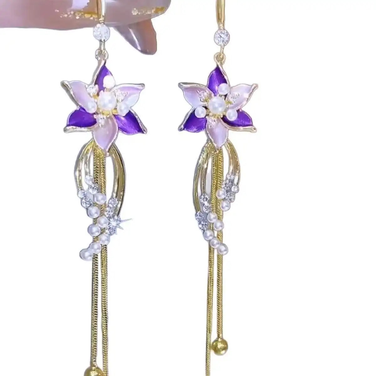 Tassel Purple Flower Long Drop Earrings