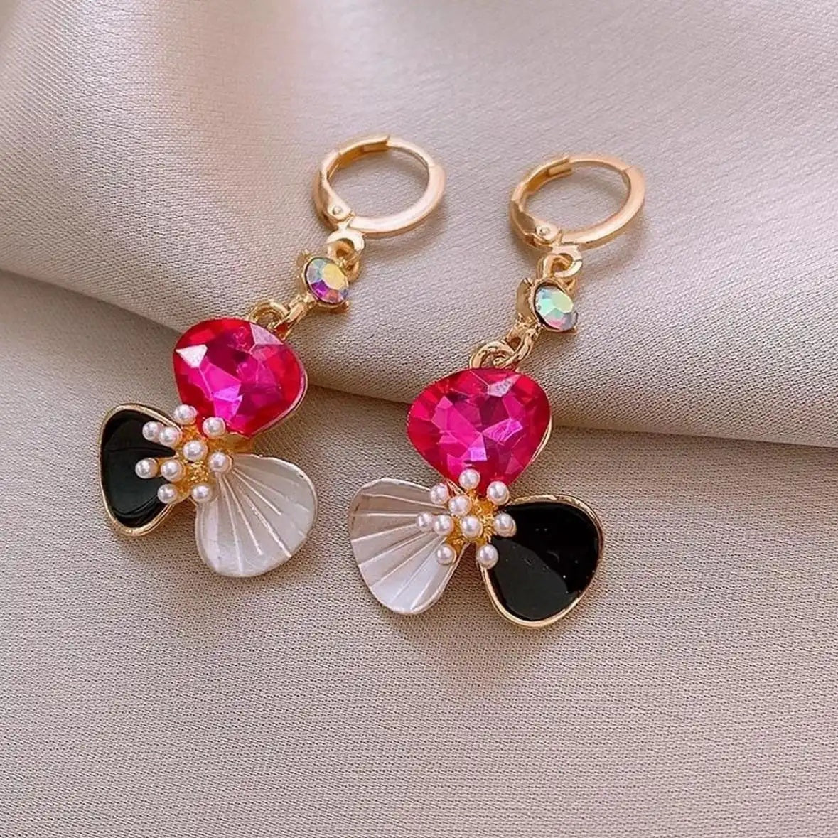 Tri-Color Flower Crystal Floral Stud Earrings