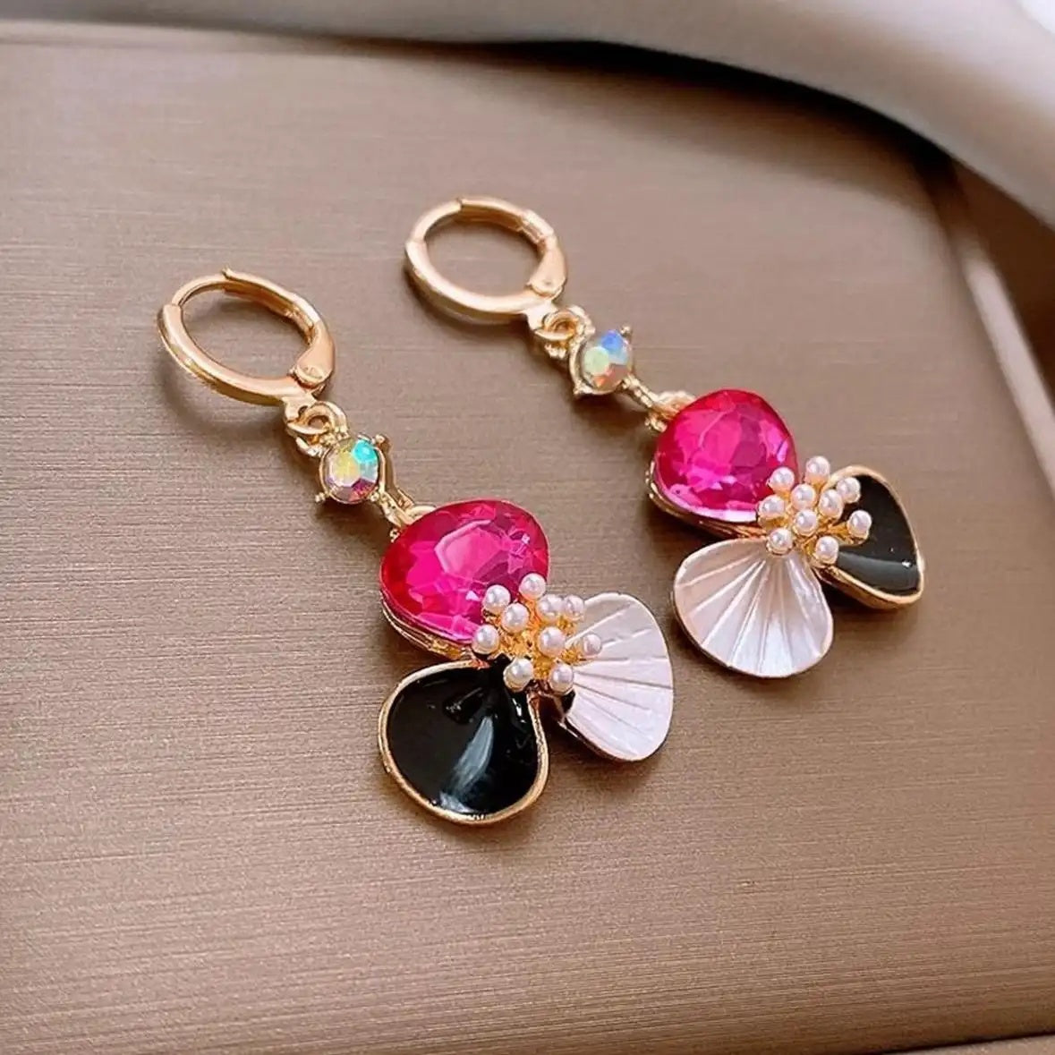 Tri-Color Flower Crystal Floral Stud Earrings
