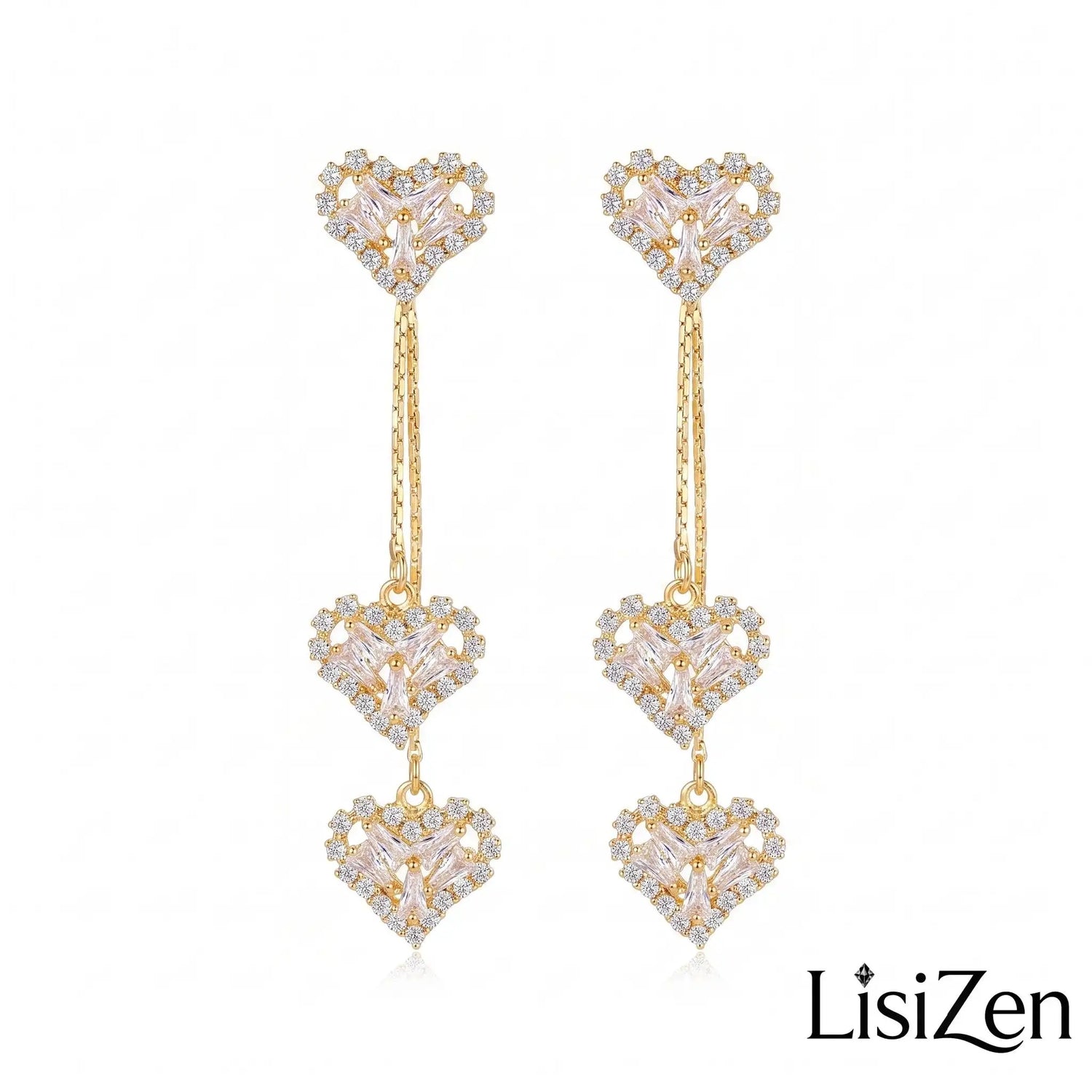 Triple Crystal Heart Drop Earrings
