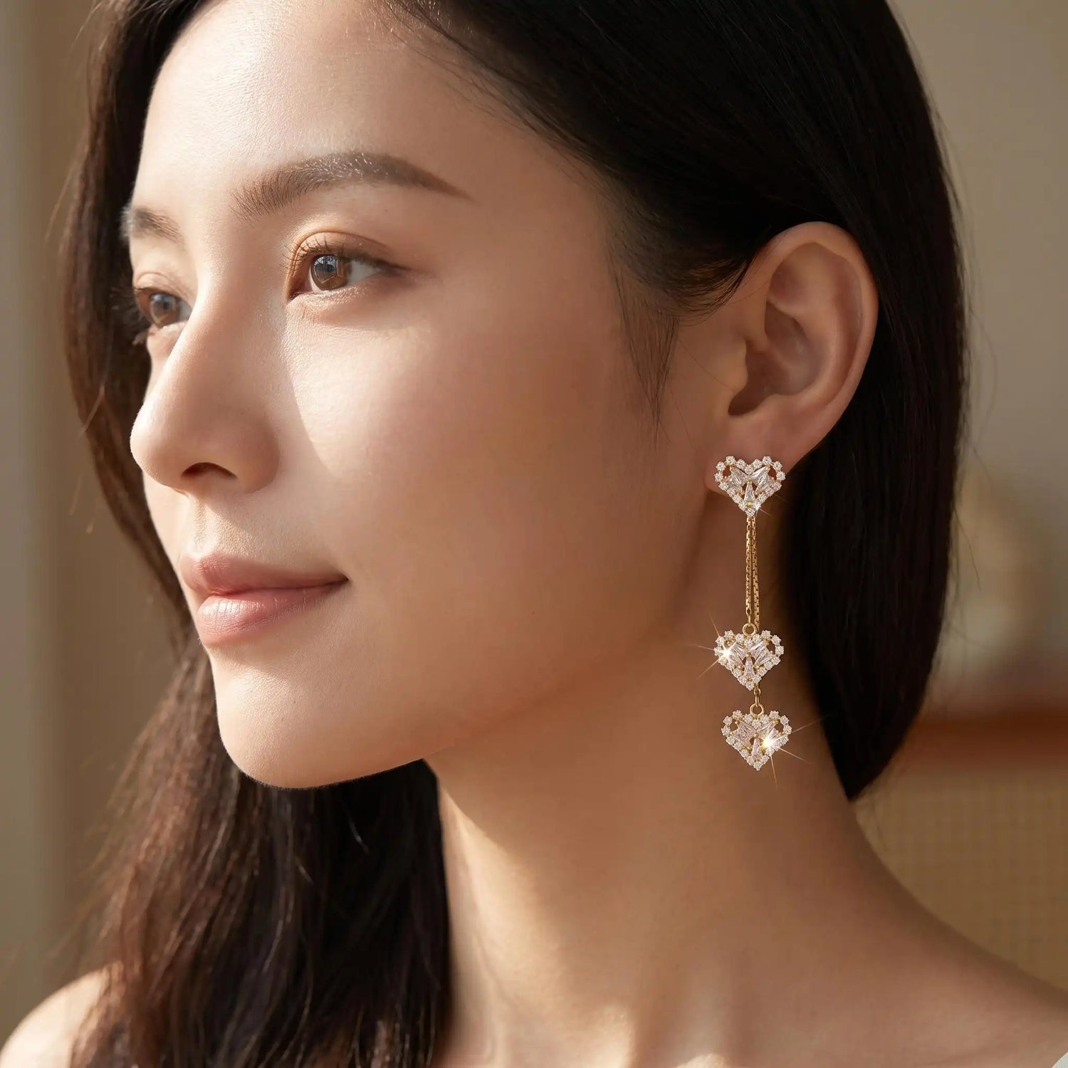 Triple Crystal Heart Drop Earrings