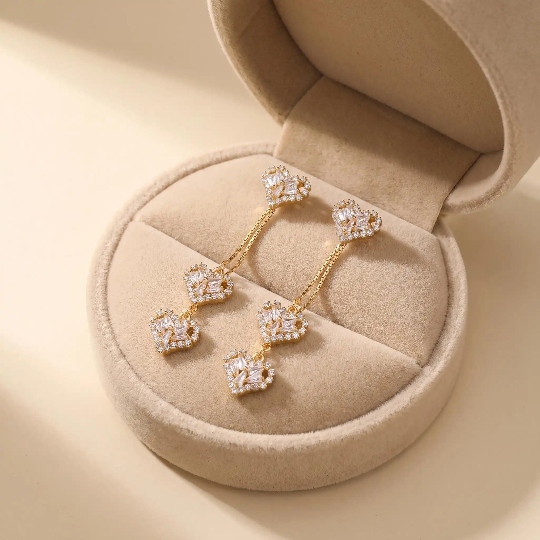 Triple Crystal Heart Drop Earrings