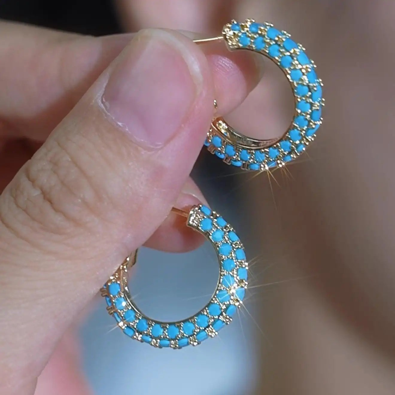 Turquoise Crystal French Sense Office Hoop Earrings