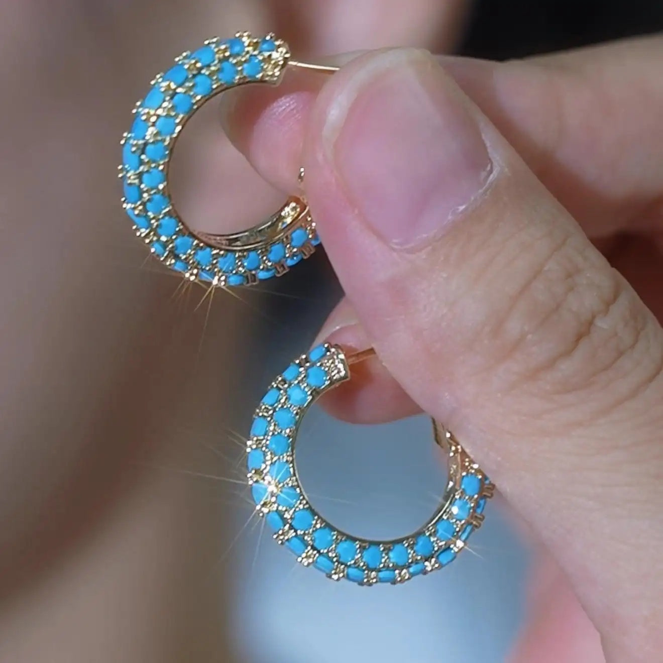 Turquoise Crystal French Sense Office Hoop Earrings