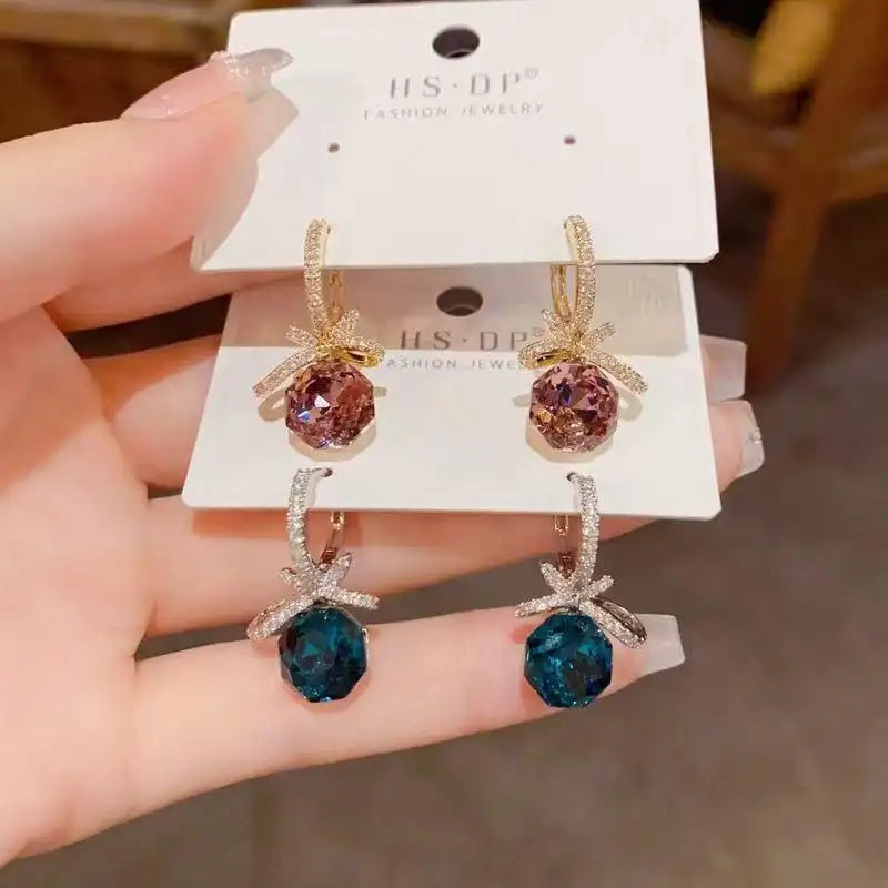Two Colors Korean Crystal Bowknot Earrings