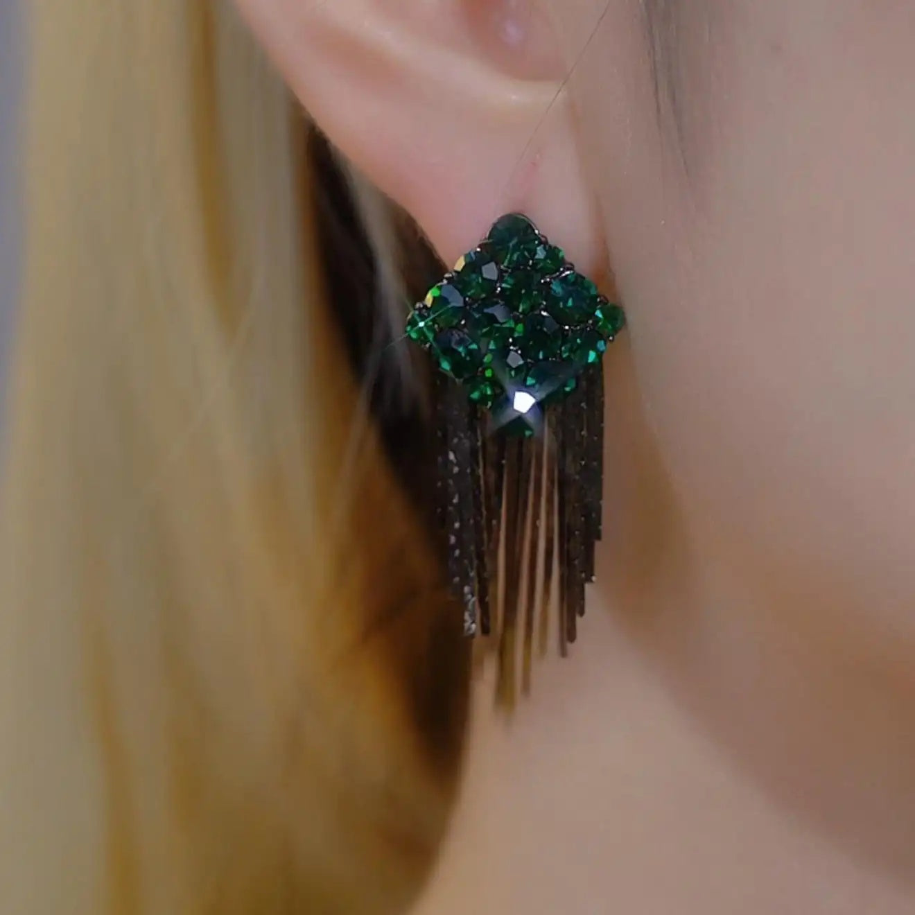 Two Tone Crystal Chain Tassel Earrings