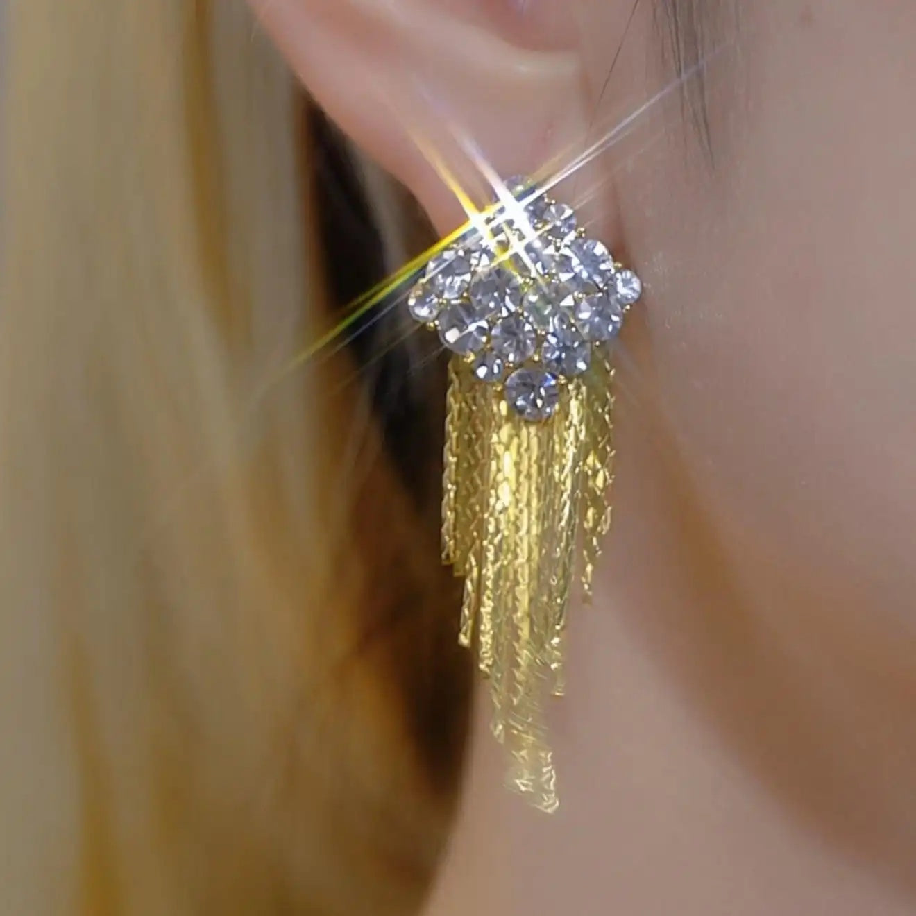 Two Tone Crystal Chain Tassel Earrings