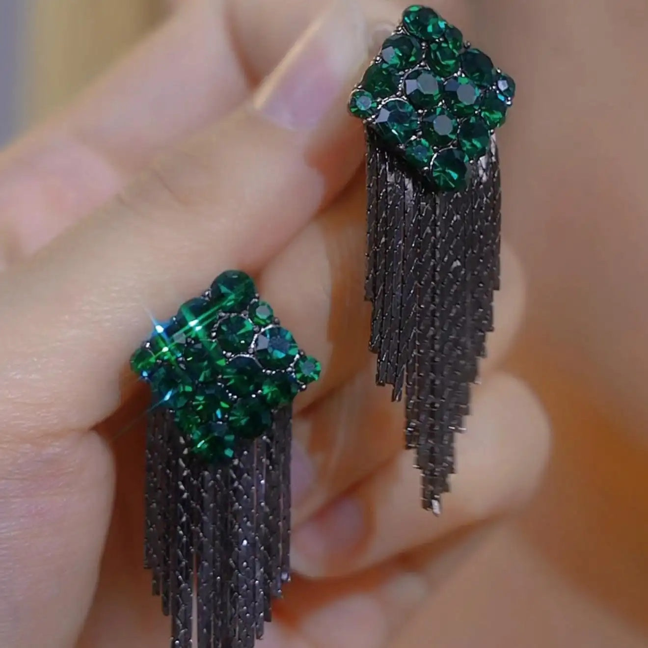 Two Tone Crystal Chain Tassel Earrings