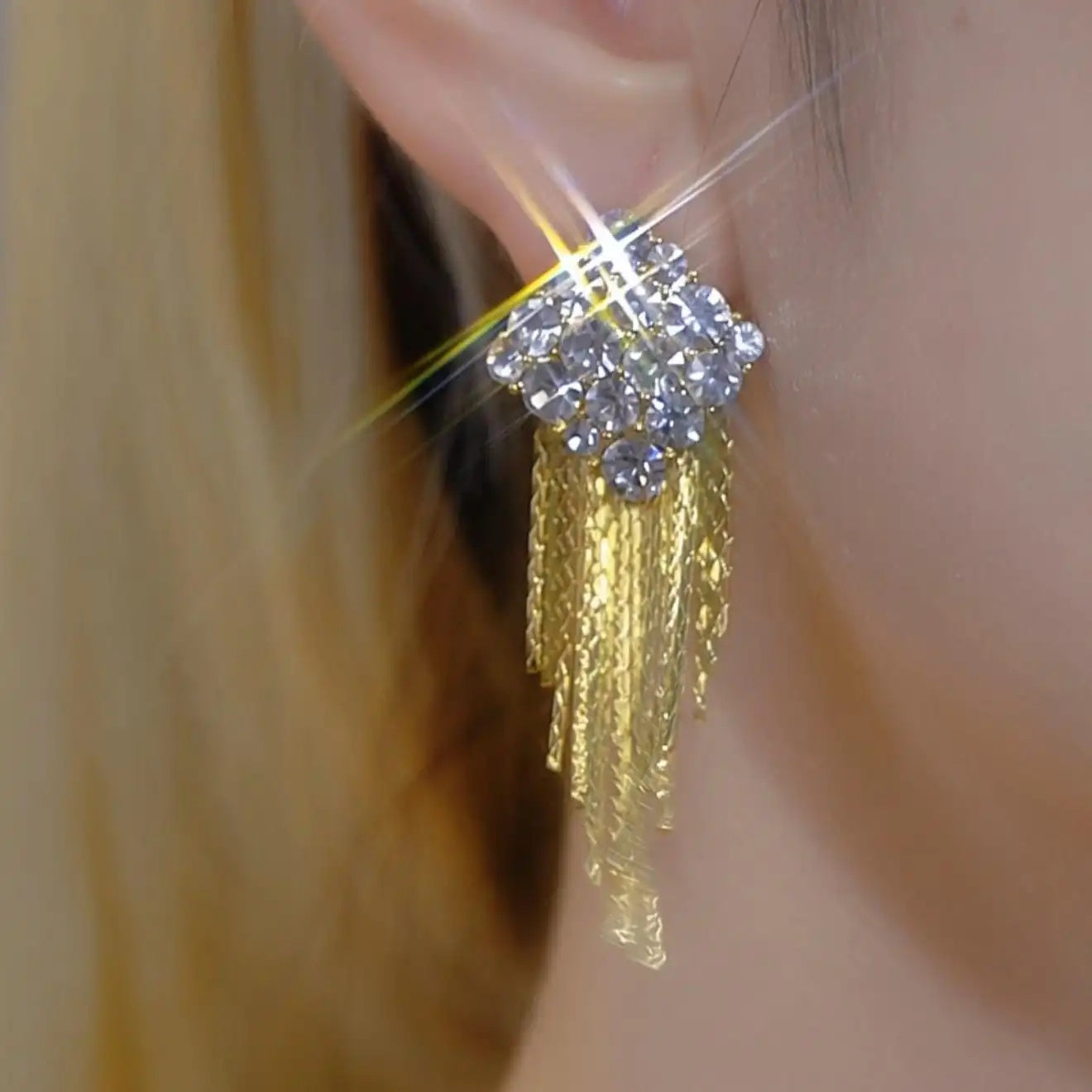 Two Tone Crystal Chain Tassel Earrings