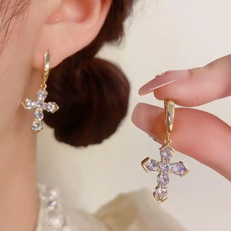 Two-Tone Minimalist Sparkly Crystal Cross Drop Earrings