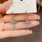 Two-Tone Minimalist Sparkly Crystal Cross Drop Earrings