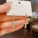 Two-Tone Minimalist Sparkly Crystal Cross Drop Earrings