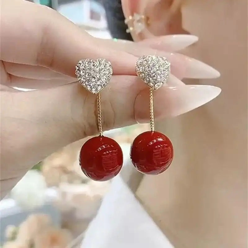Two-Way Red Pearl Heart Earrings