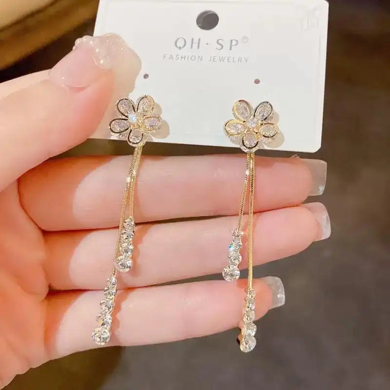 Two-Way Wear Flower Long Tassel Drop Earrings