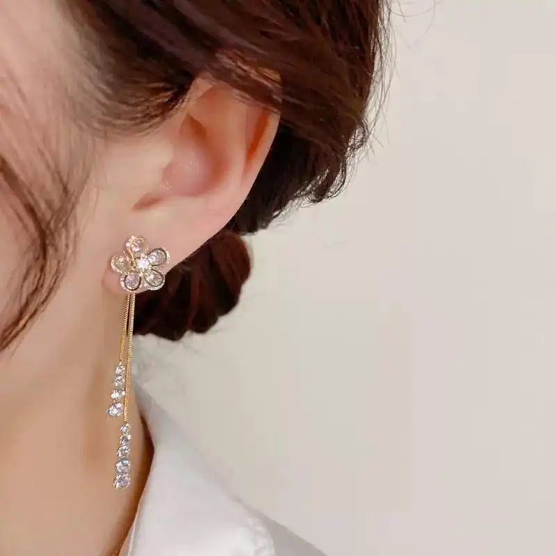 Two-Way Wear Flower Long Tassel Drop Earrings
