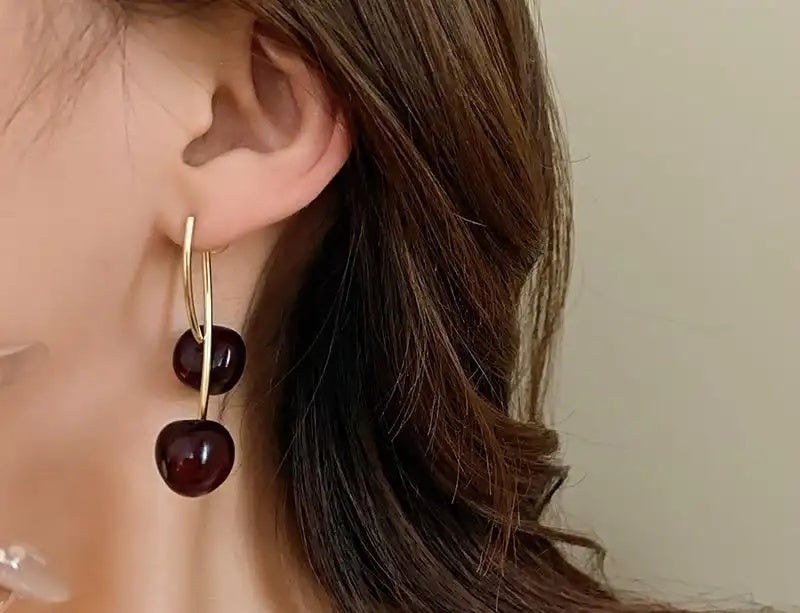 Vintage Cherry Resin Posts Minimalist Drop Earrings