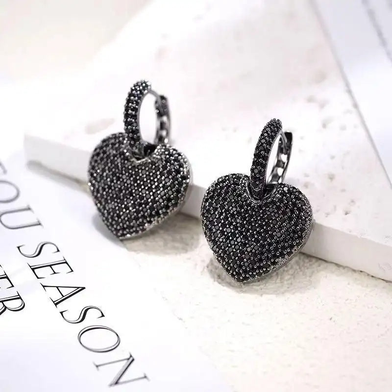 Vintage Crystal Black Heart Earrings