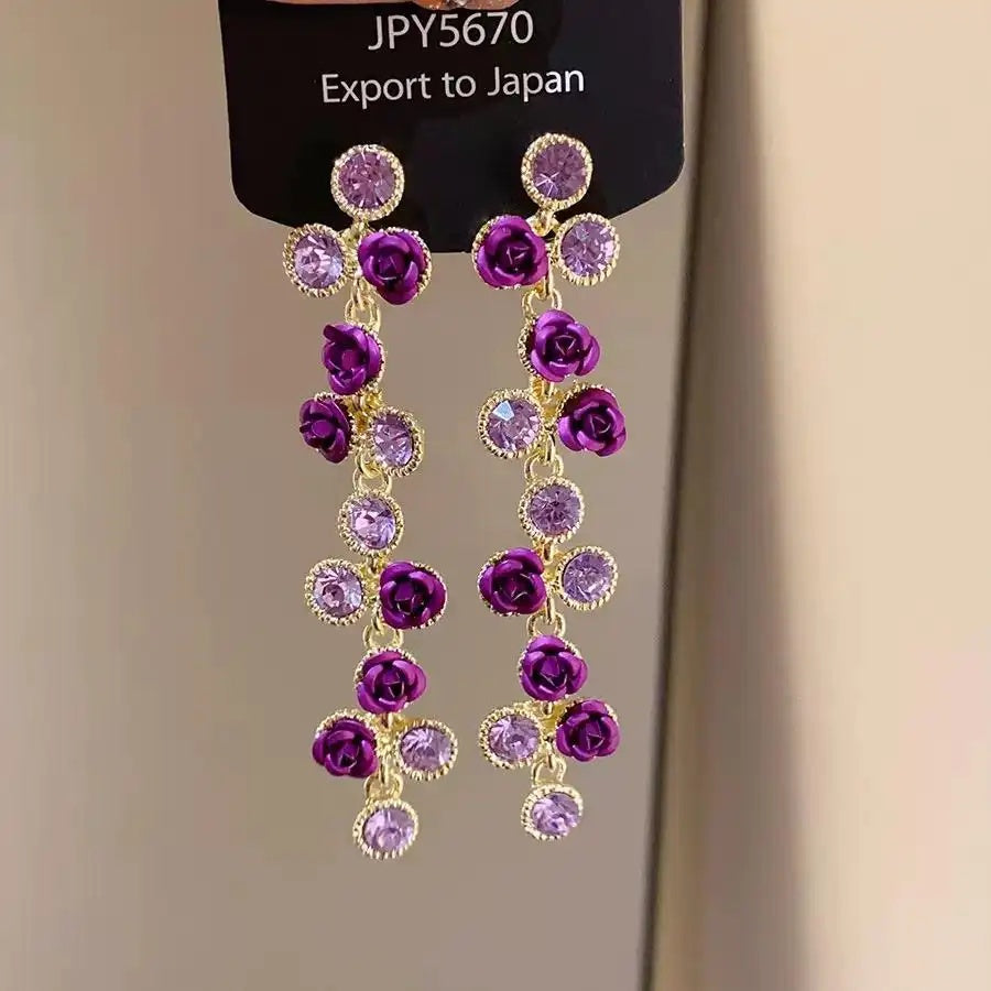 Vintage Crystal Rose Tassel Small Drop Earrings