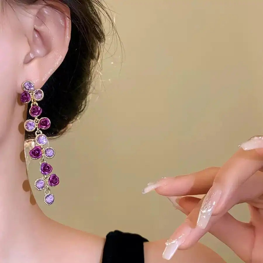 Vintage Crystal Rose Tassel Small Drop Earrings