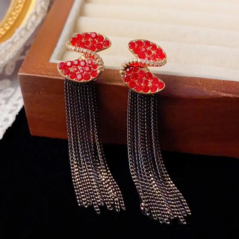 Vintage Crystal S-Shaped Long Tassel Drop Earrings