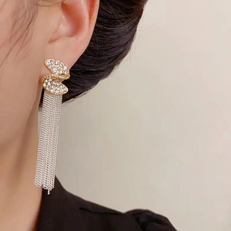 Vintage Crystal S-Shaped Long Tassel Drop Earrings