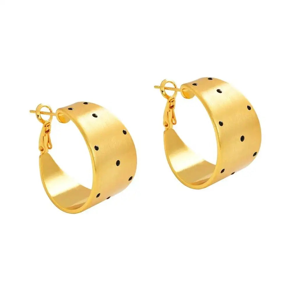 Vintage Gold Brushed Black Polka Hoop Earrings