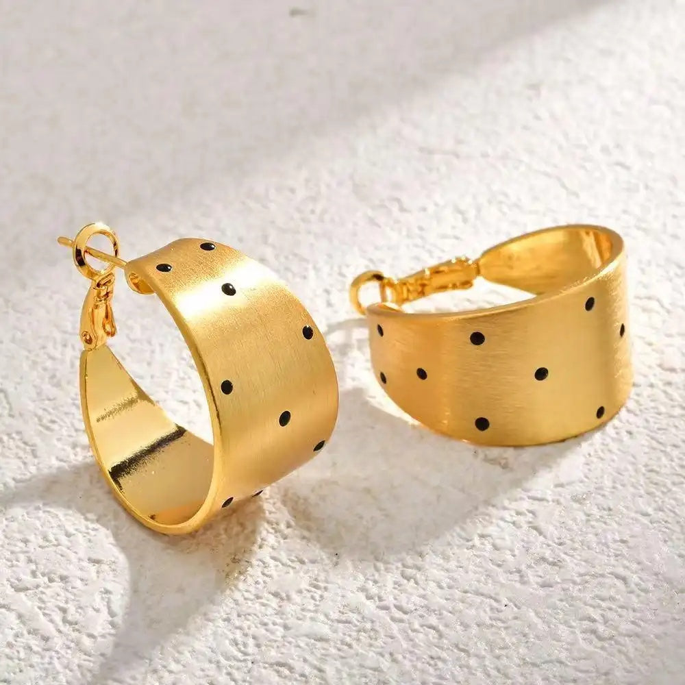 Vintage Gold Brushed Black Polka Hoop Earrings