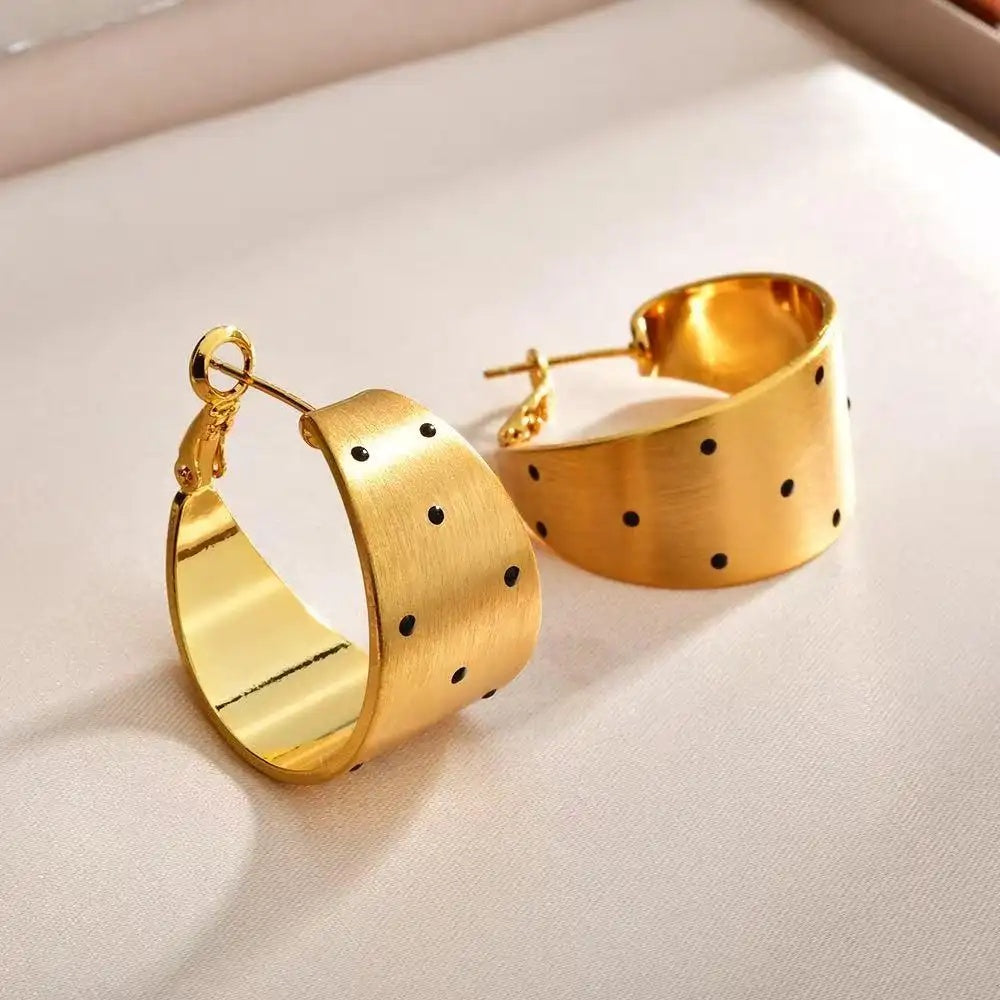 Vintage Gold Brushed Black Polka Hoop Earrings