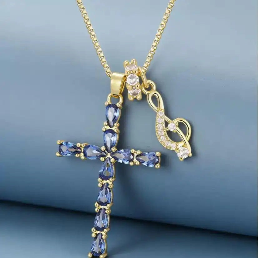 Vintage Note Cross Blue Diamond Necklace