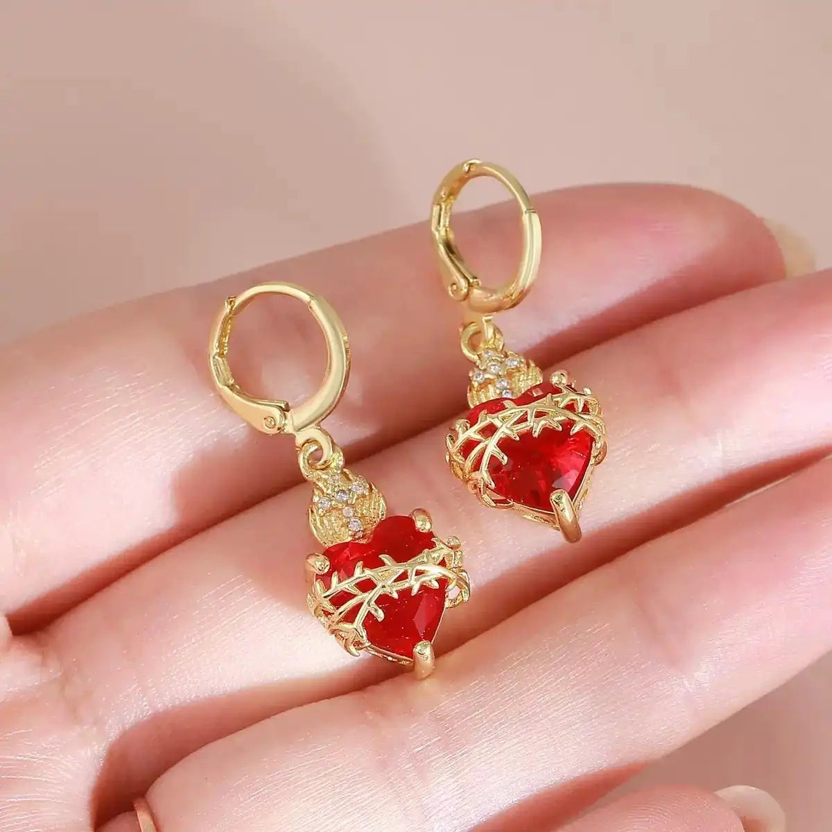 Vintage Red Flame Thorn Cross Earrings