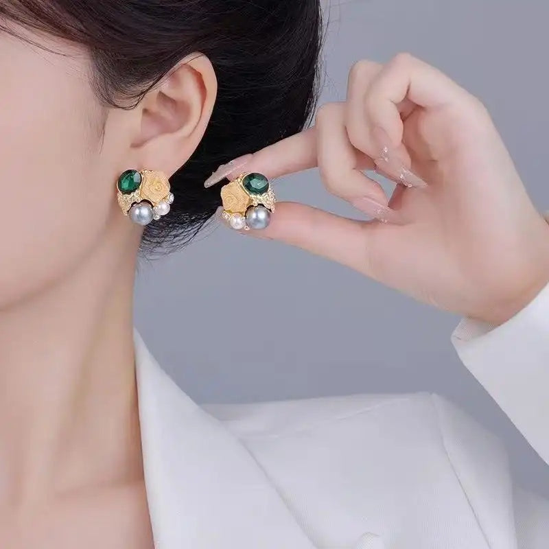 Vintage Rose Crystal Pearl Accents Stud Earrings