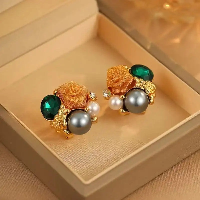 Vintage Rose Crystal Pearl Accents Stud Earrings