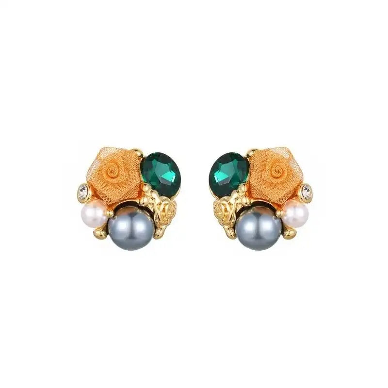 Vintage Rose Crystal Pearl Accents Stud Earrings