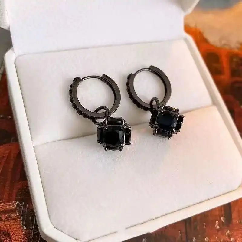 Vintage Square Black Crystal Clip-On Earrings