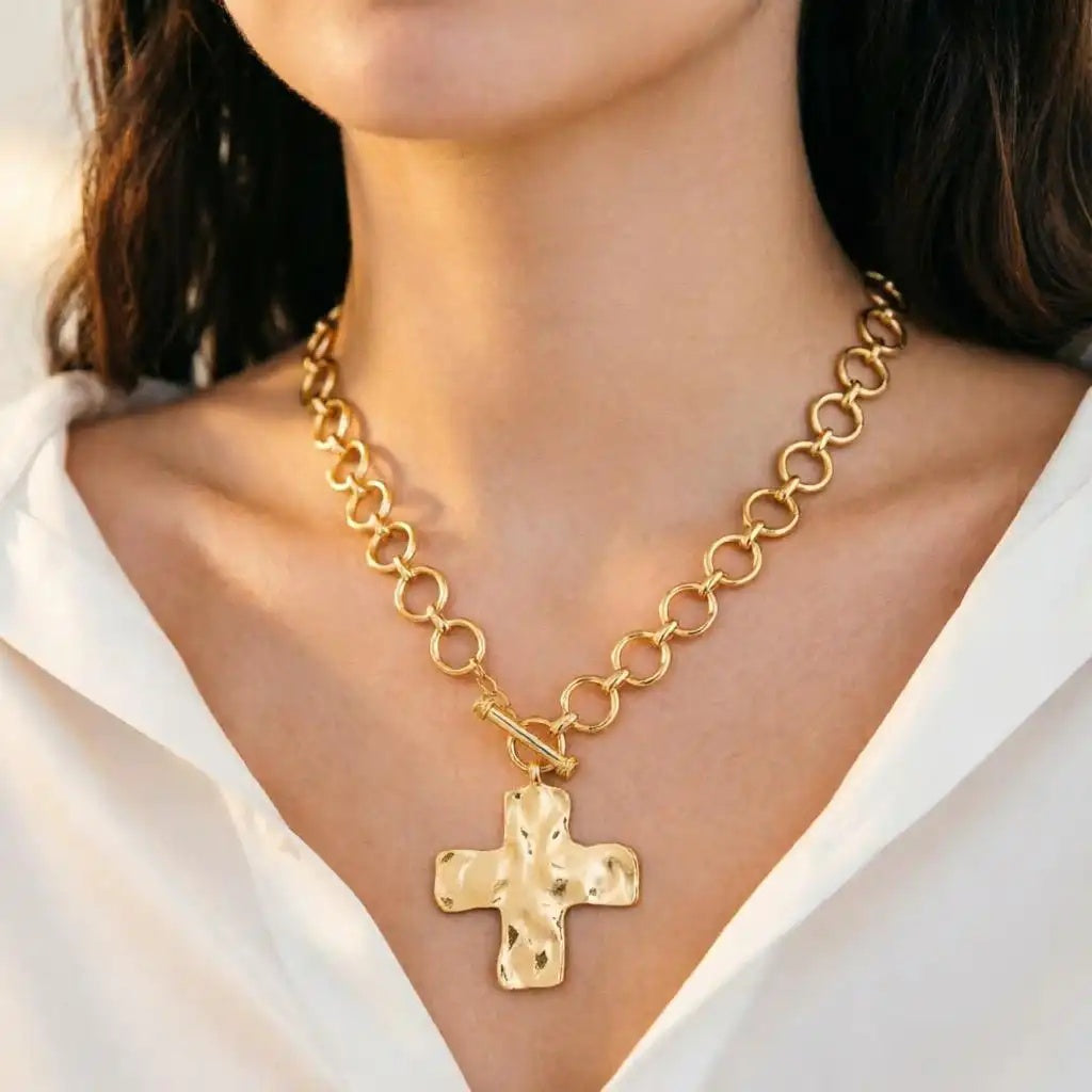 Vintage Textured Metal Cross Pendant Necklace