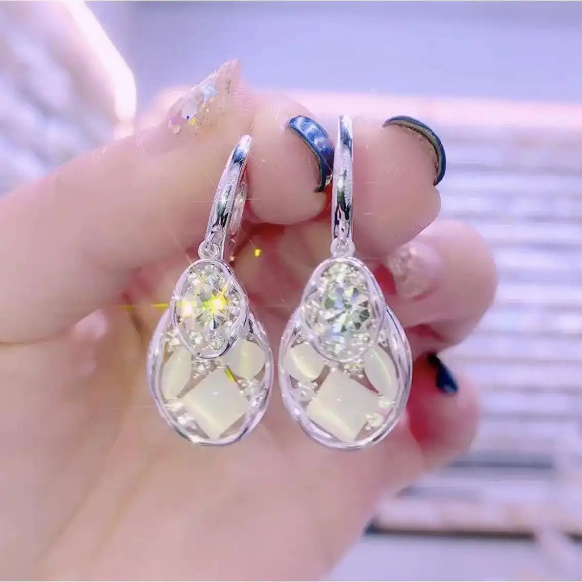 White Cat Eye Crystal Stud Earrings