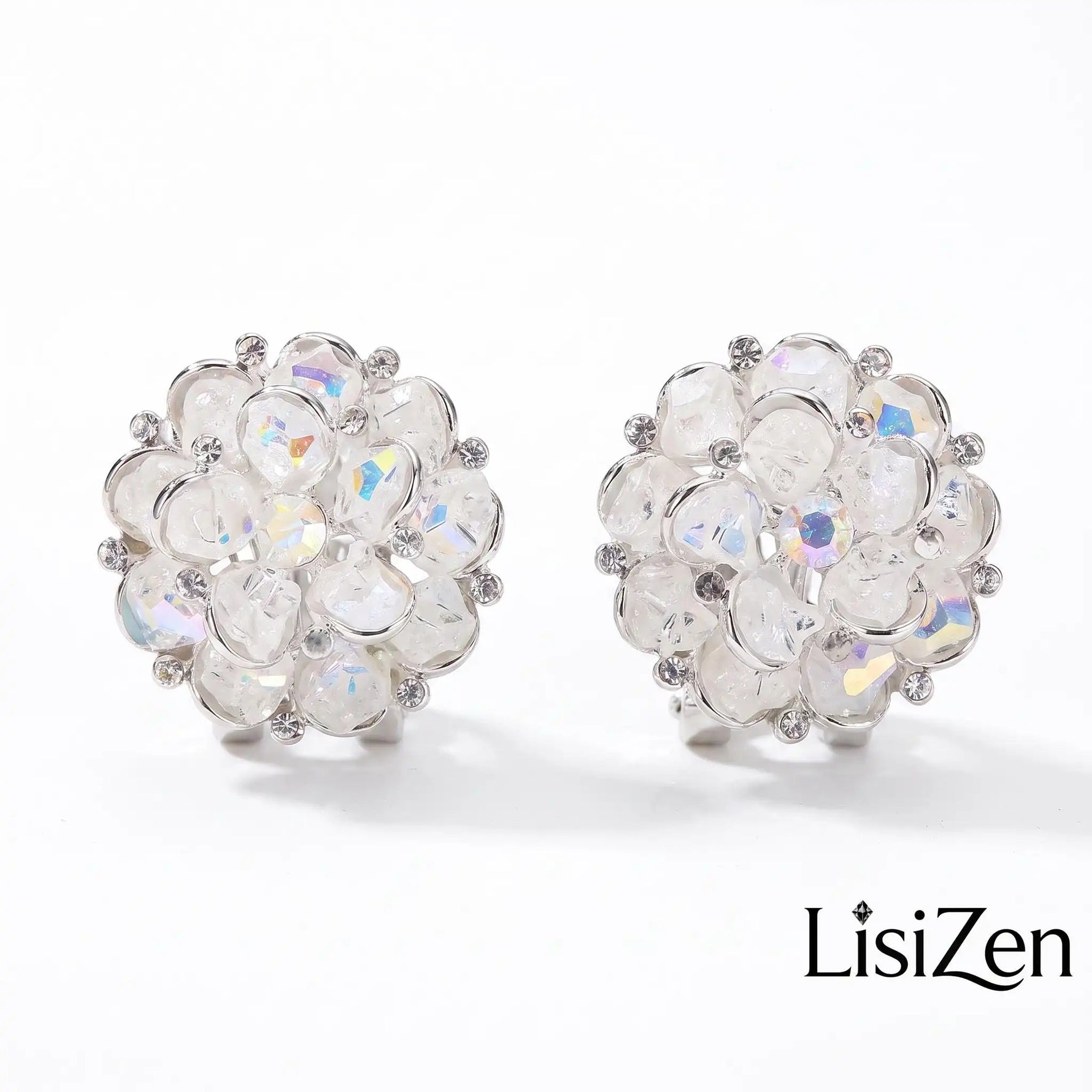 White Crystal Floral Cluster Stud Earrings