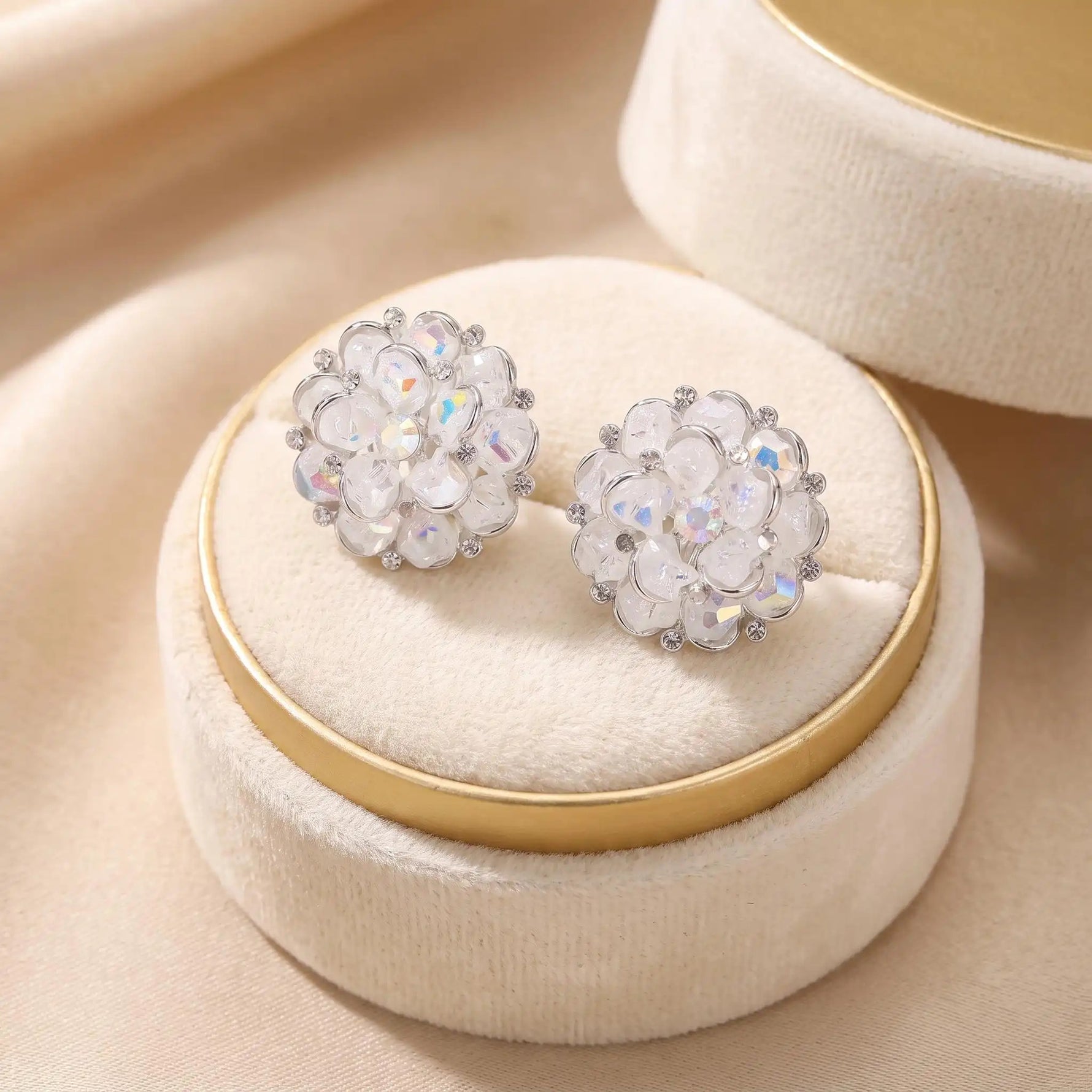 White Crystal Floral Cluster Stud Earrings