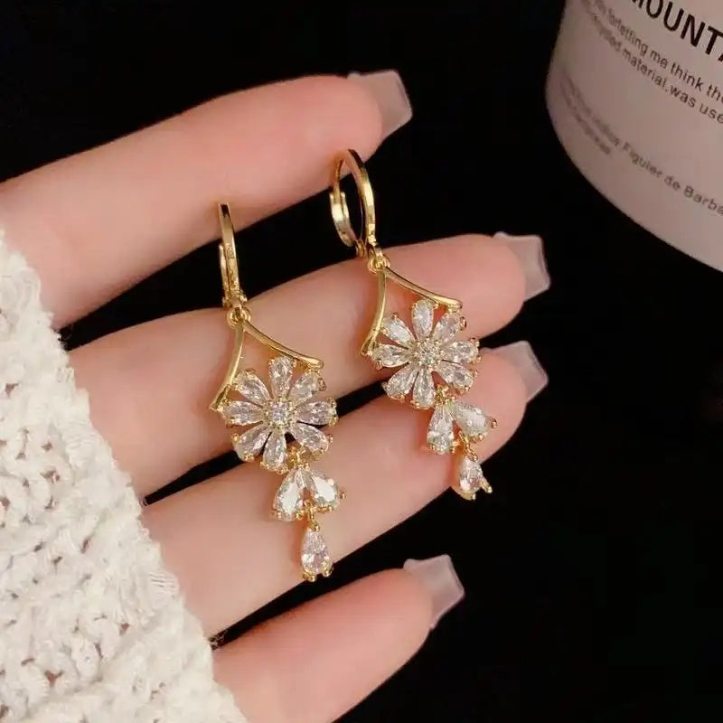 White Crystal Flower Drop Earrings
