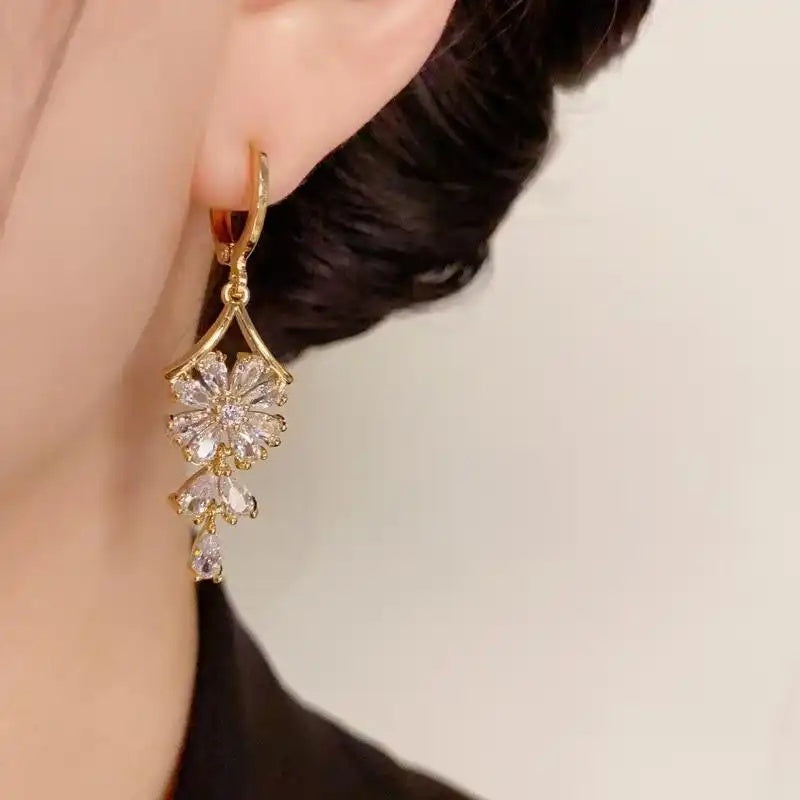 White Crystal Flower Drop Earrings