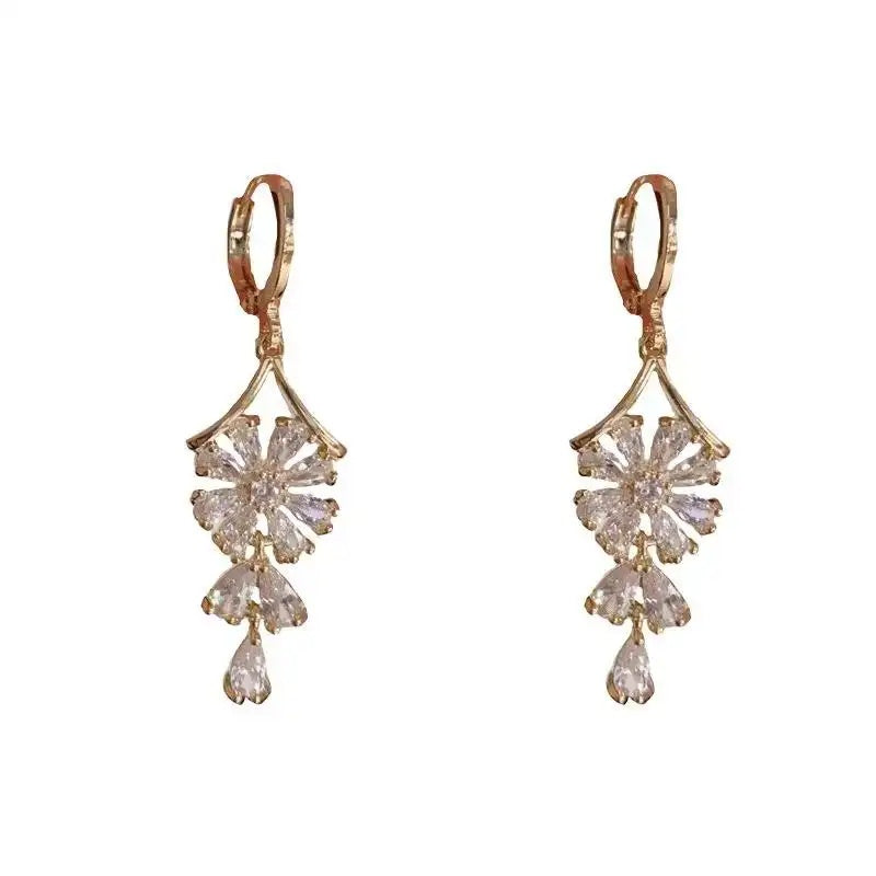 White Crystal Flower Drop Earrings