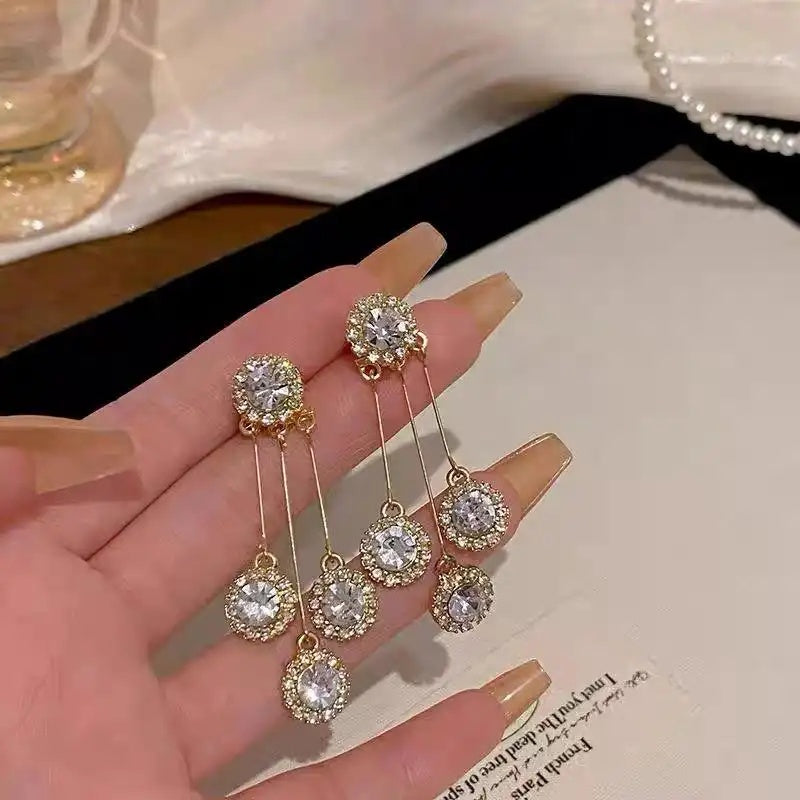 White Crystal Flower Tassel Drop Earrings