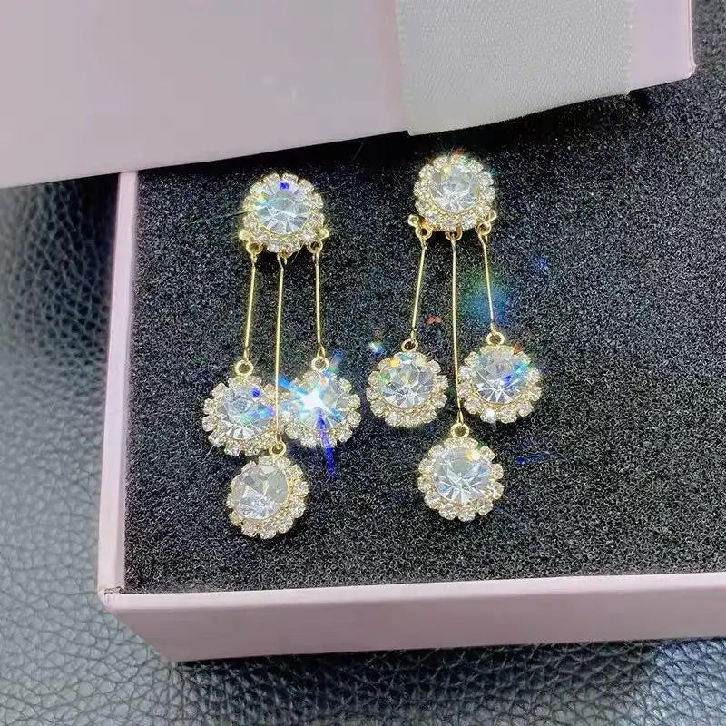 White Crystal Flower Tassel Drop Earrings