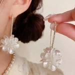White Flower Geometric Crystal Drop Earrings