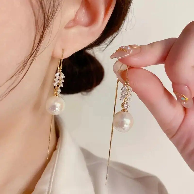 White Pearl Tassel Drop Earrings