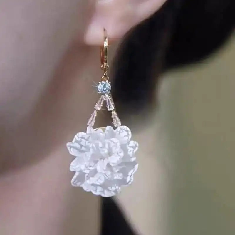 White Peony Flower Large Floral Stud Earrings