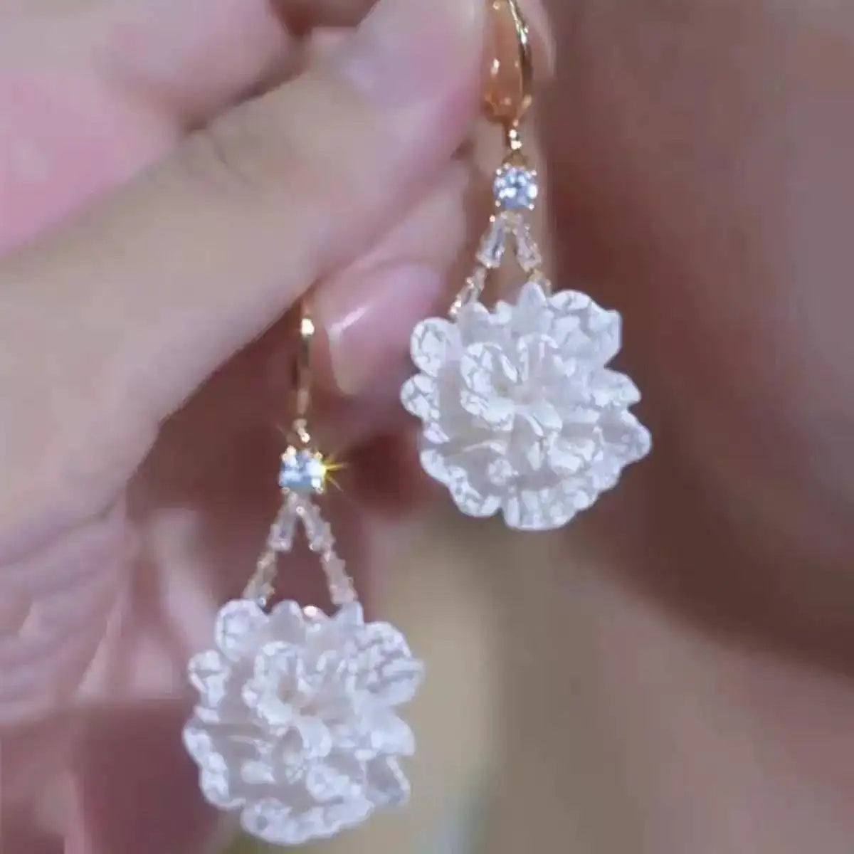 White Peony Flower Large Floral Stud Earrings