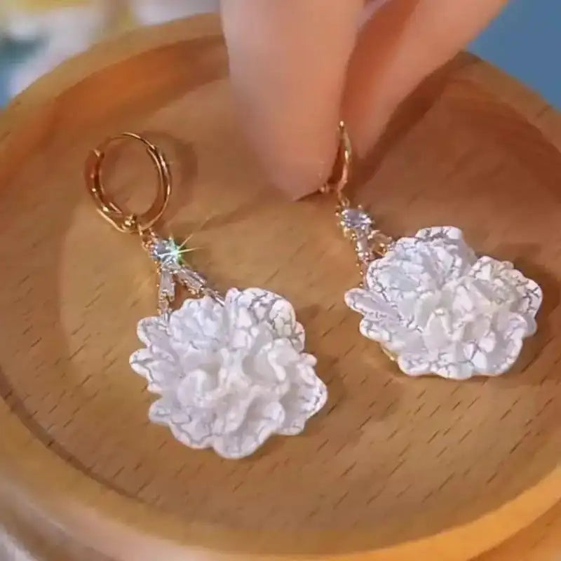 White Peony Flower Large Floral Stud Earrings