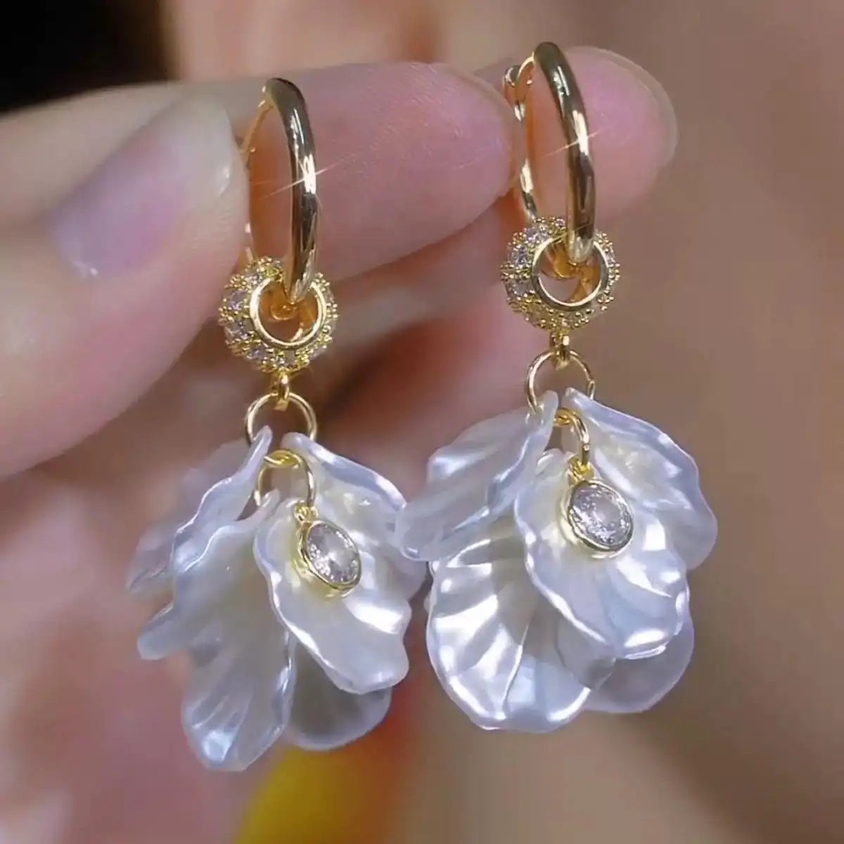 White Petal Crystal Ball Drop Earrings