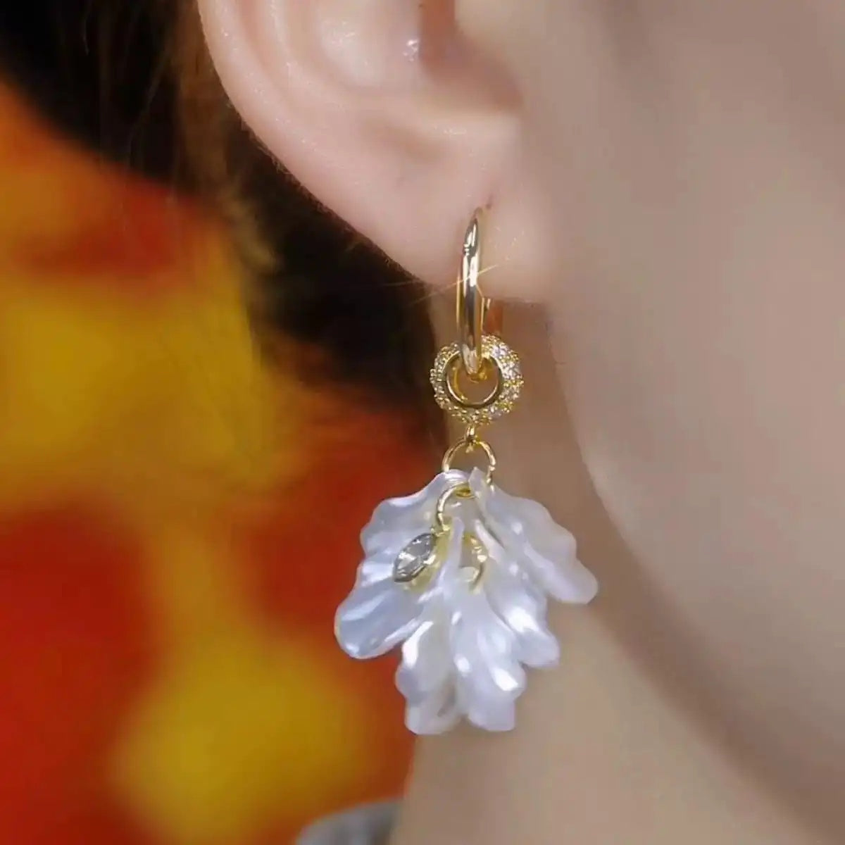 White Petal Crystal Ball Drop Earrings